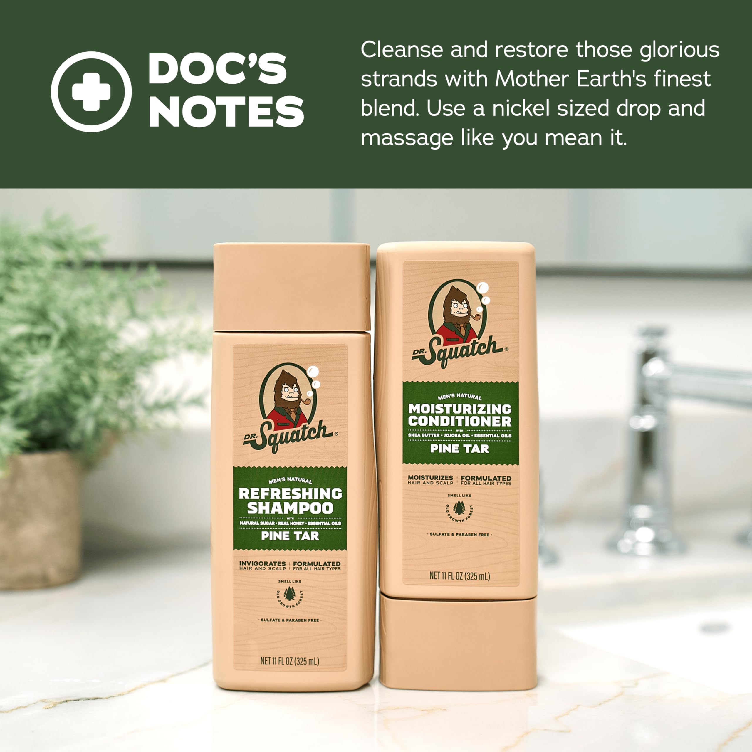 Dr. Squatch Men's Natural Shampoo and Conditioner Set – Sulfate & Paraben Free Natural Shampoo and Conditioner for Men – Scalp Nourishing Formula – Pine Tar (11 fl oz, 2-Pack)
