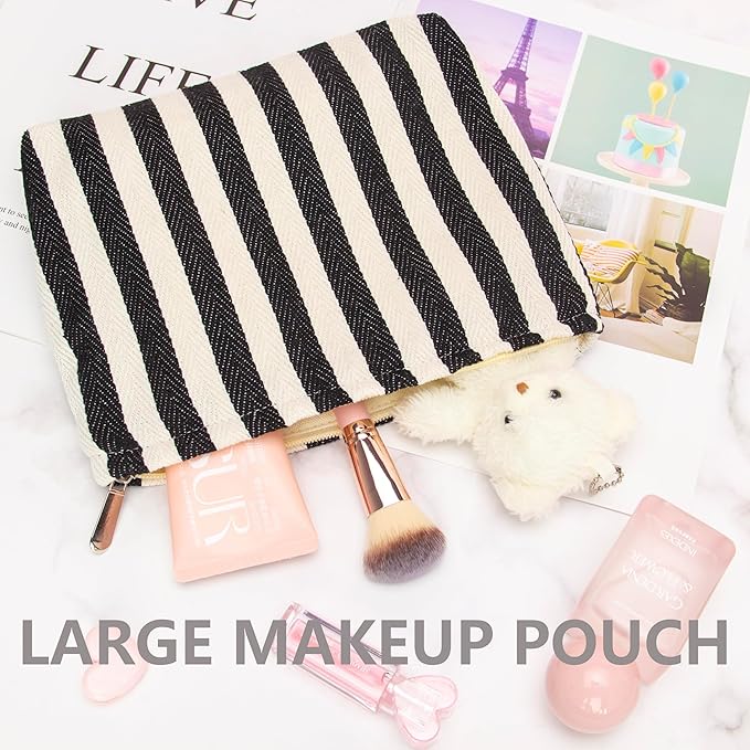Flat Makeup Bag for Women,Zipper Cosmetic Pouch Purse,Stripe Black White