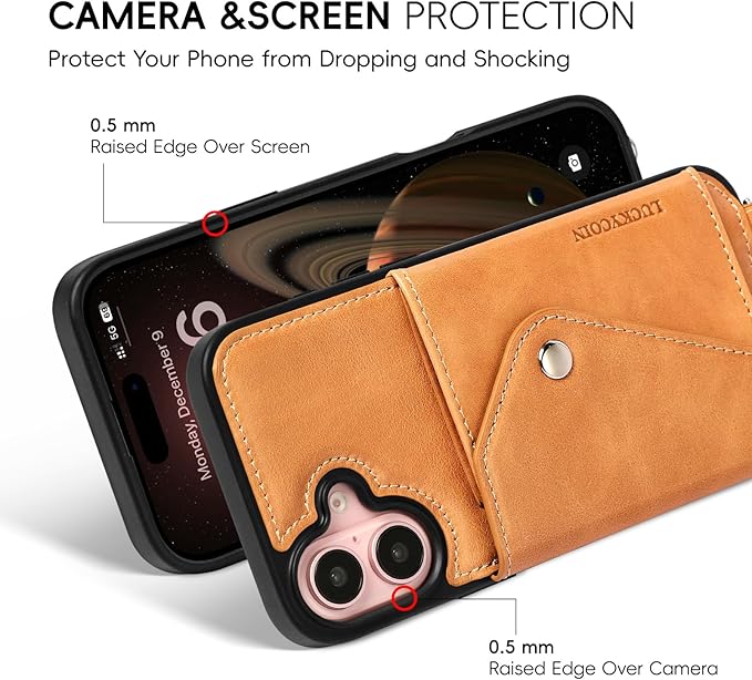 LUCKYCOIN Crossbody Phone Case for iPhone 16 Plus,100% Genuine Leather Phone Wallet Case for Women, Premium Hands-Free Phone Purse with Expandable Flip Card Holder & Adjustable Strap - Retro Tan