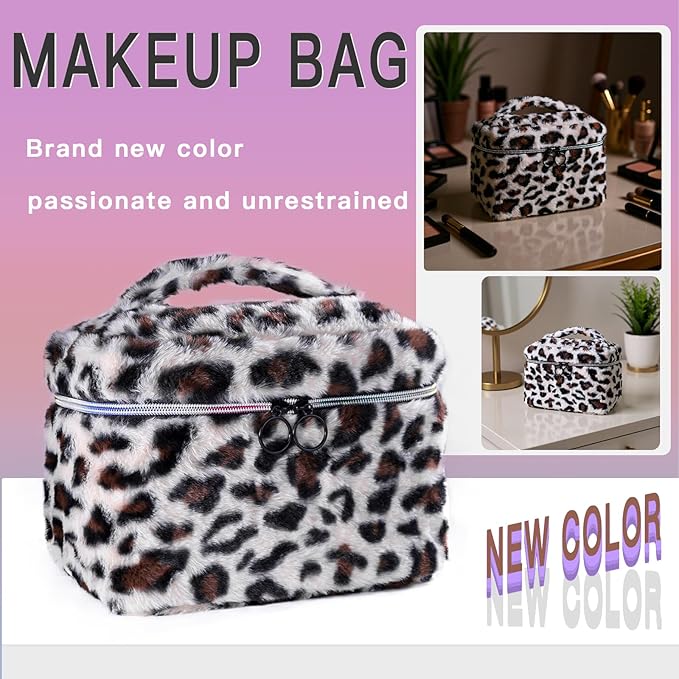 imerelez Plush Makeup Bag for Women, Leopard Print Faux Fur Travel Cosmetic Organizer, 10.2 x 7 x 7 in Soft Fluffy Toiletry Bag for Makeup, Skincare and Beauty Essentials (Beige)