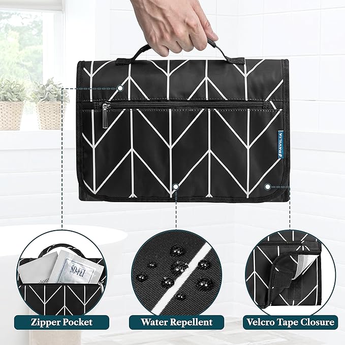 PAVILIA Hanging Toiletry Bag for Women Men, Large Foldable Toiletries Organizer with Hook, Water-Resistant Makeup Cosmetic Rollup Case, Clear Pockets for Bathroom, Gym, Cruise (Black Chevron)