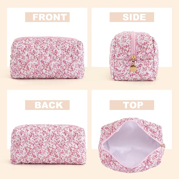 UUYUUY Makeup Bag Travel Toiletry Bag for Women, Small Cosmetic Bags Cute Quilted Cotton Makeup Pouch for Purse Emergency Bag Pencil Case Accessory Bag, Baby Pink