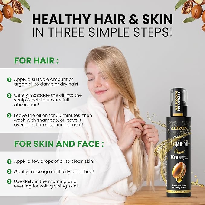 ALFZON Moroccan Argan Oil 100% Pure USDA Organic Cold Pressed Unrefined – Deep Moisturizing Hair & Scalp Treatment for Dry, Damaged, Curly & Frizzy Hair – Face & Skin – 3.38 Fl Oz Glass Bottle