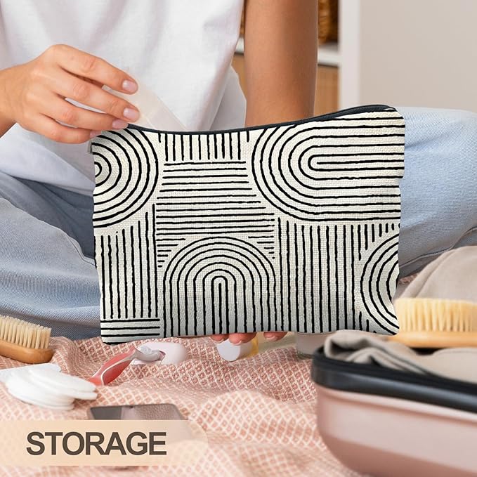 RYYCDOI Abstract Minimalist Black and White Makeup Bag, Aesthetic Boho Rainbow Line Art Cosmetic Bags for Women, Boho Gifts for Women, Contemporary Modern Zipper Makeup Pouch