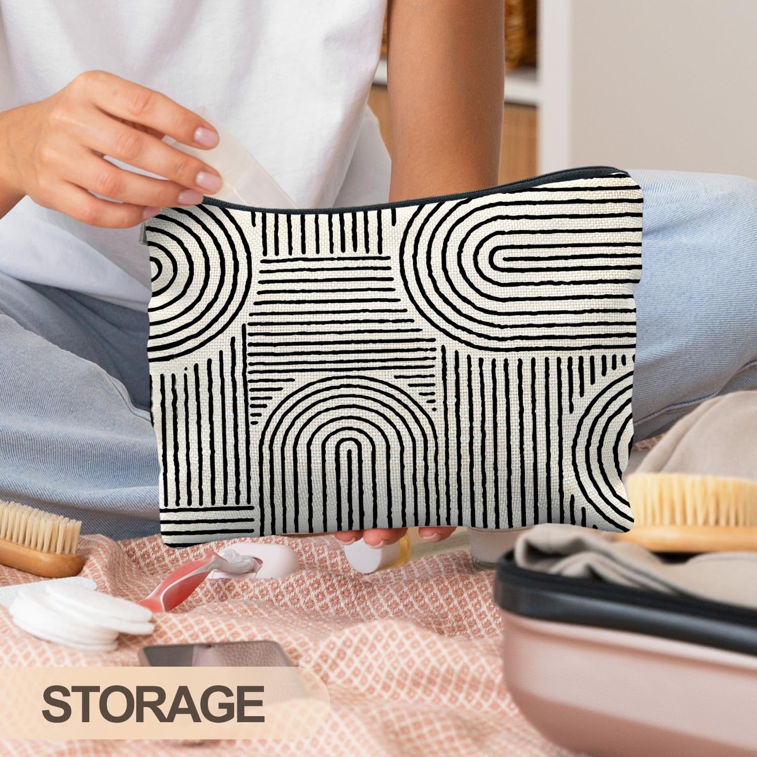 RYYCDOI Abstract Minimalist Black and White Makeup Bag, Aesthetic Boho Rainbow Line Art Cosmetic Bags for Women, Boho Gifts for Women, Contemporary Modern Zipper Makeup Pouch