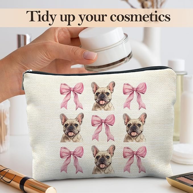 Likjad French Bulldog Makeup Bag, Coquette Pink Bow Frenchie Dog Cosmetic Bags for Women, French Bulldog Gifts Makeup Pouch, Frenchie Mom Gifts Zipper Pouch