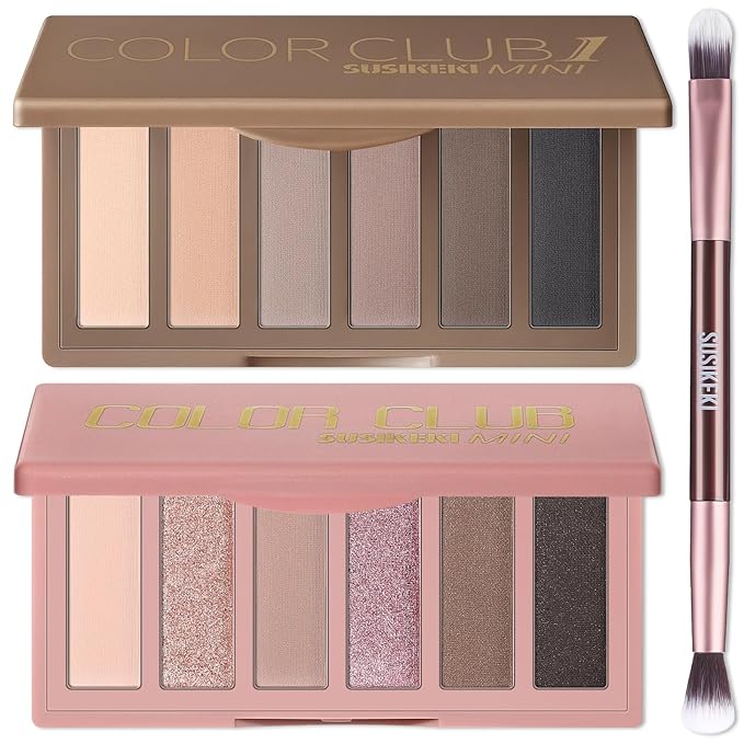SUSIKEKI 2PCS Neutral Nude Matte Shimmer Eyeshadow Palette - 6 Colors Mini Travel Size, Highly Pigmented Brown & Pink Eye shadow, Long Lasting Vegan Makeup Palette with Brush Set for Daily Use