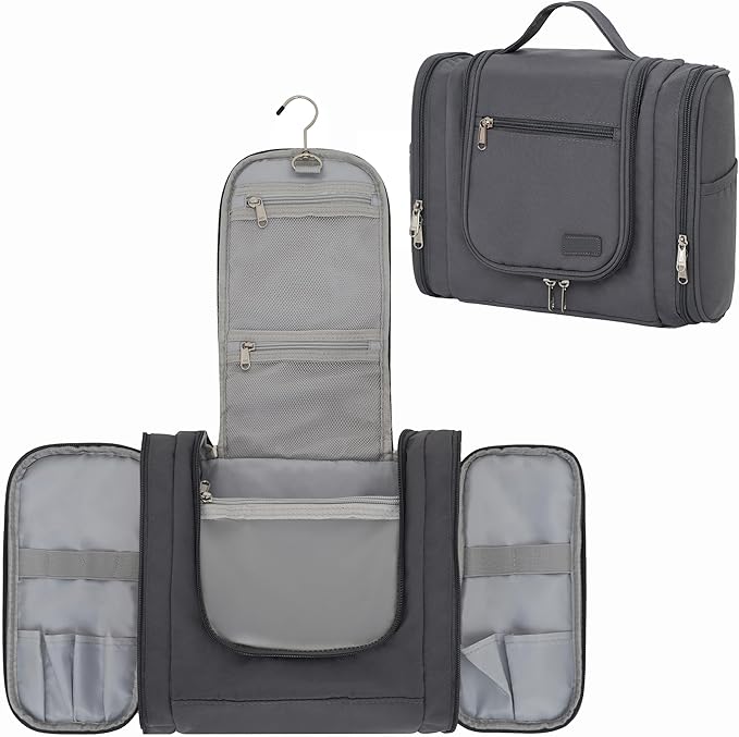 Hanging Travel Toiletry Bag for Men and Women with Metal Swivel Hook, Large Travel Makeup Organizer for Full Sized Cosmetics and Toiletries, Water-Resistant Bathroom Toiletry Bags, Grey