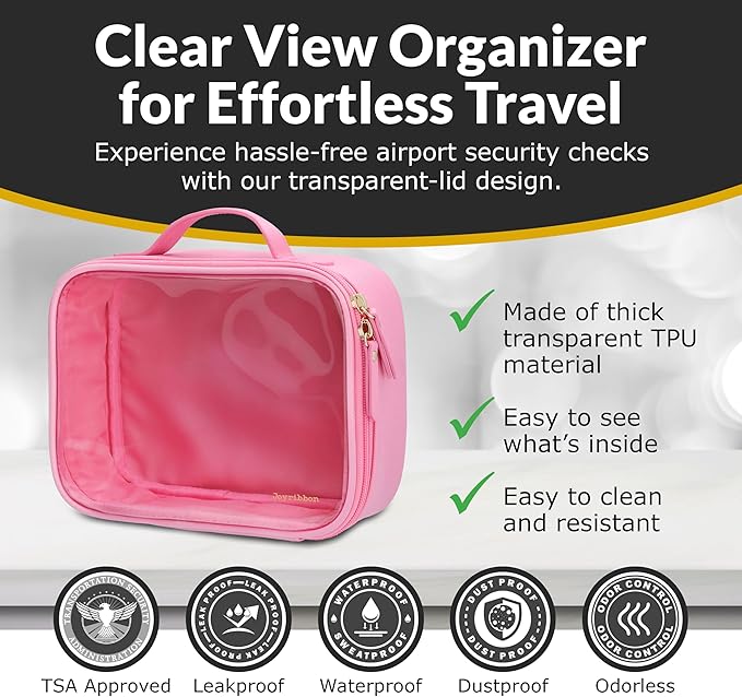 Pink Clear Makeup Bag, Travel Cosmetic Pouch with Transparent Front, Quart Size Toiletry Organizer for Women, Girls & Teens, Cute Makeup Case