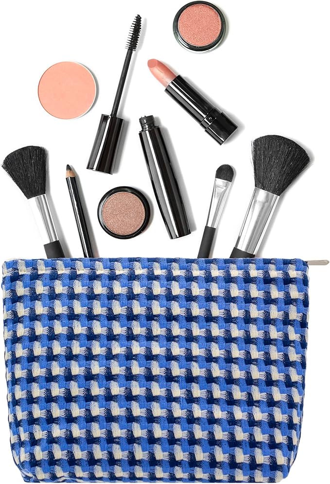 Flat Makeup Bag for Women,Zipper Cosmetic Pouch for Purse,Grid Lake Blue