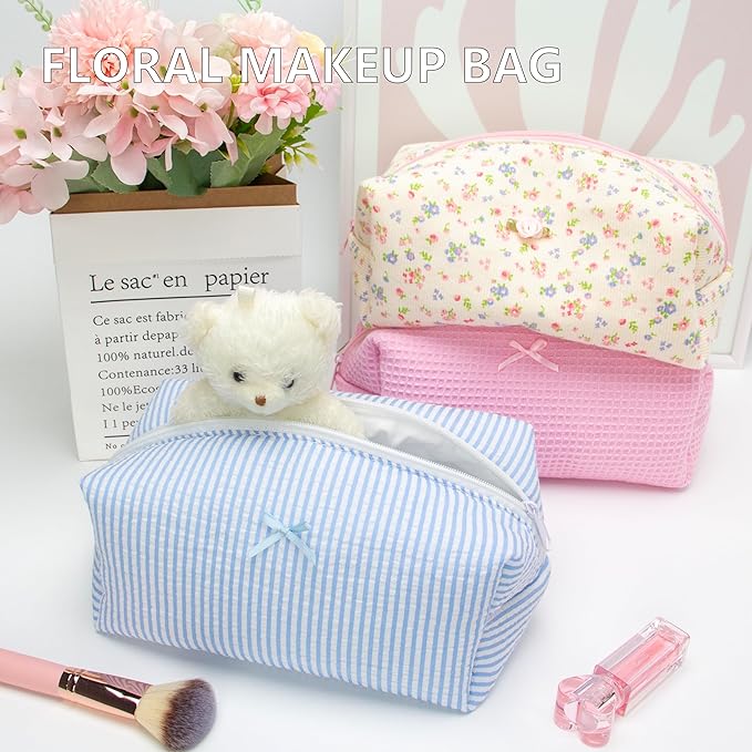 PAZIMIIK 2PCS Cozy Makeup Bag Travel Cosmetic Bag for Women Soft Toiletry Bag Aesthetic Makeup Organizer Portable Large Zipper Pouch for Skincare Beauty Accessories Brushes Stripe Blue