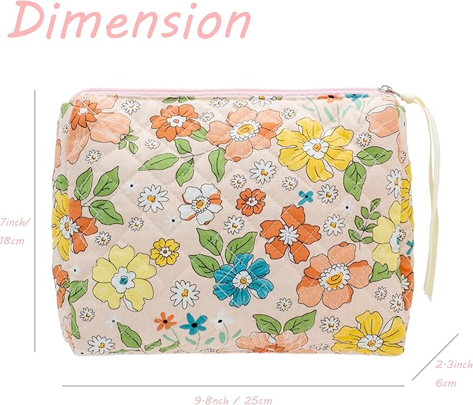 Quilted Makeup Pouch for Women, Travel Cosmetic&Toiletry Bag,Floral Orange