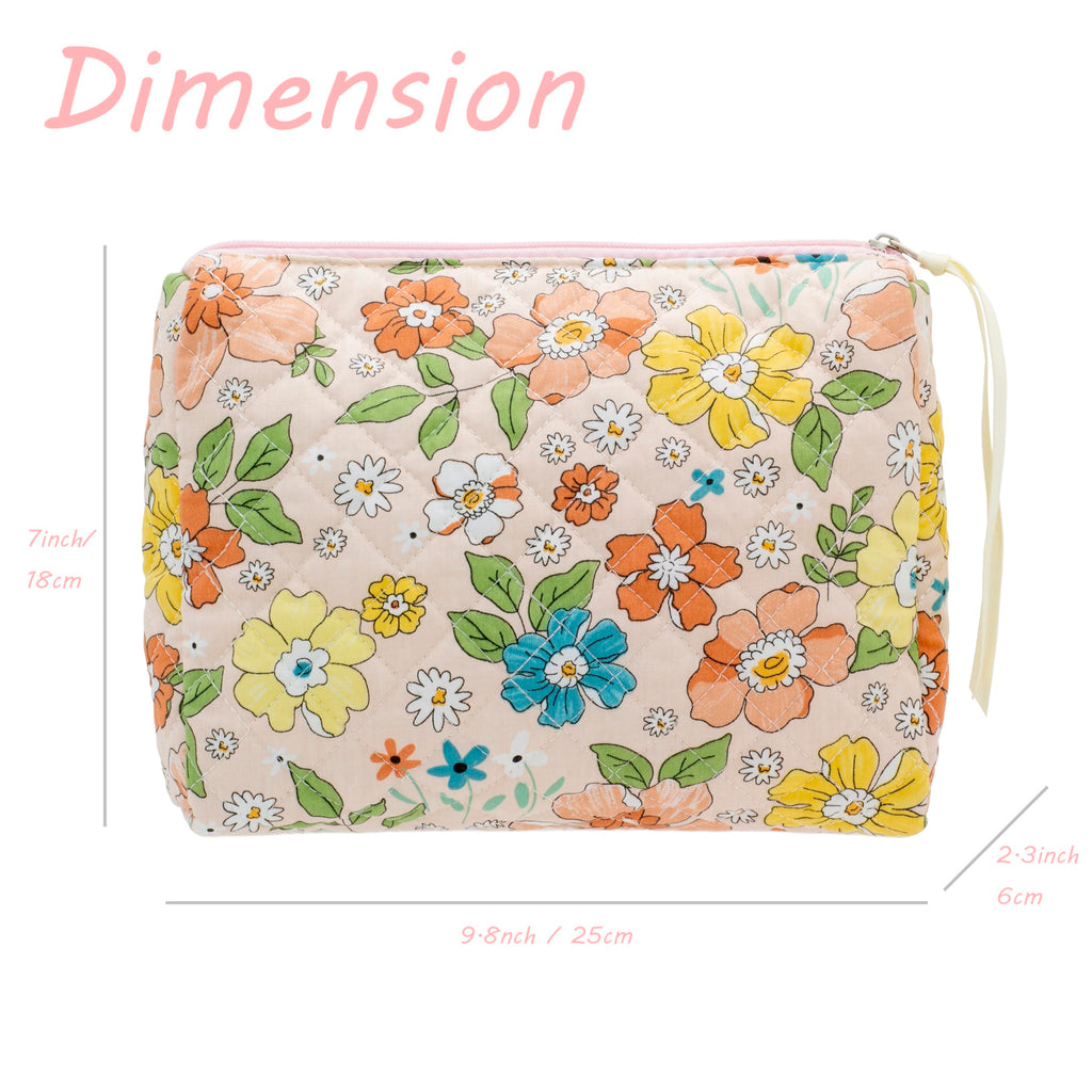 Quilted Makeup Pouch for Women, Travel Cosmetic&Toiletry Bag,Floral Orange