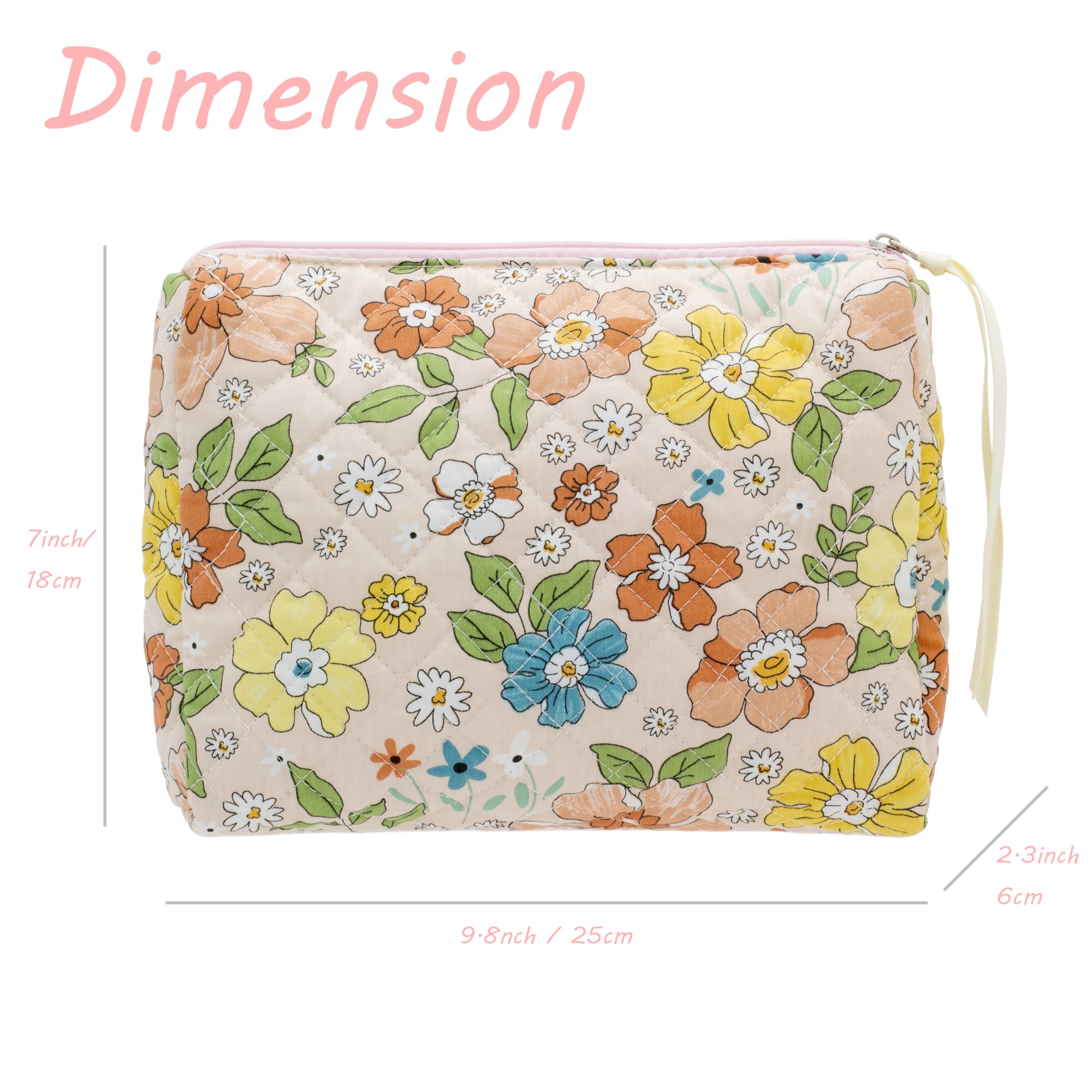 Quilted Makeup Pouch for Women, Travel Cosmetic&Toiletry Bag,Floral Orange