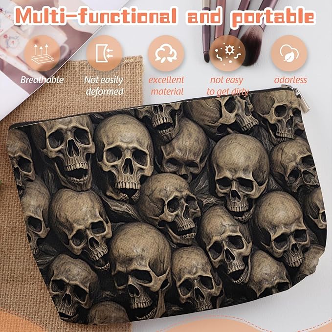 Scribesense Makeup Bag Travel Cosmetic Bags Small Makeup Case Waterproof Zipper Pouch for Women Girls 7X9inches - Array of Human Skulls in A Dark Setting