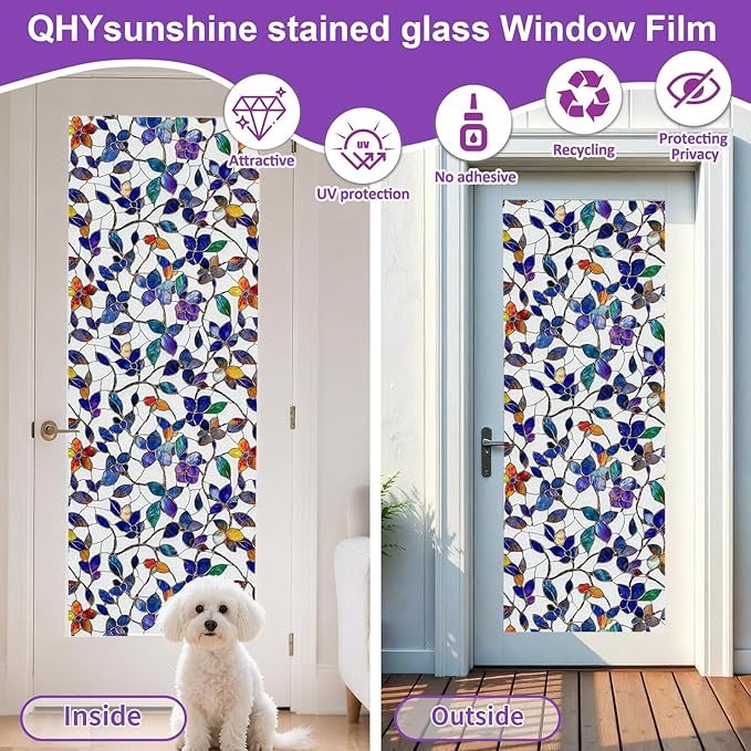 QHYsunshine Window Privacy Film Stained Glass Window Film Frosted Window Film Window clings Non-Adhesive Reusable Decorative for Home Removable (Purple Frosted,35.4 X 78.7 in