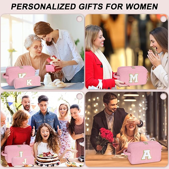 YOOLIFE Birthday Gifts for 4 5 6 7 8 9 10 11 12 13 14 Year Old Girls Initial Makeup Bag Cosmetic Bag for Girls Teens Daughter Sister Girlfriend, Preppy Trendy Stuff for Teen Girl Gifts Pink Letter L