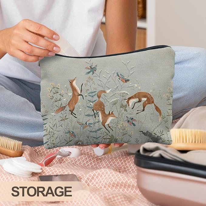 RYYCDOI Fox Gifts for Women, Fox Wildflowers Makeup Bag, Forest Fox Cottagecore Cosmetic Bags Toiletry Bag for Women, Animal Lover Gifts