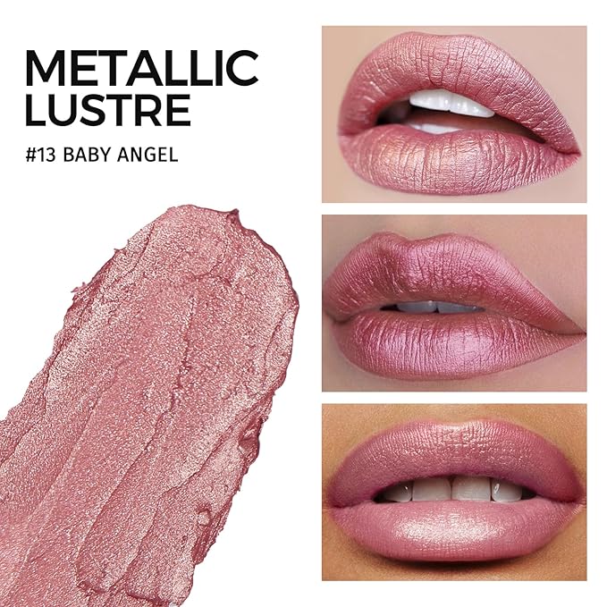 Anglicolor Metallic Nude Pink Lipstick,High Impact Lipcolor Moisturising Creamy Formula Smooth and Non-Sticky,Frosted Pink Lipstick For Women,Girls,Full-Coverage Lip Color(13 BABY ANGEL, 4g)