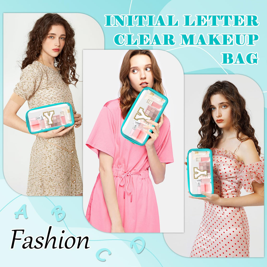 Personalized Initial Letter Clear Makeup Bag,Preppy Small Nylon&PVC Cosmetic Zipper Bag with Chenille Letter,Portable Beach Travel Skincare Toiletry Bag,Trendy Monogram Gift for Teen Girls Women,Y