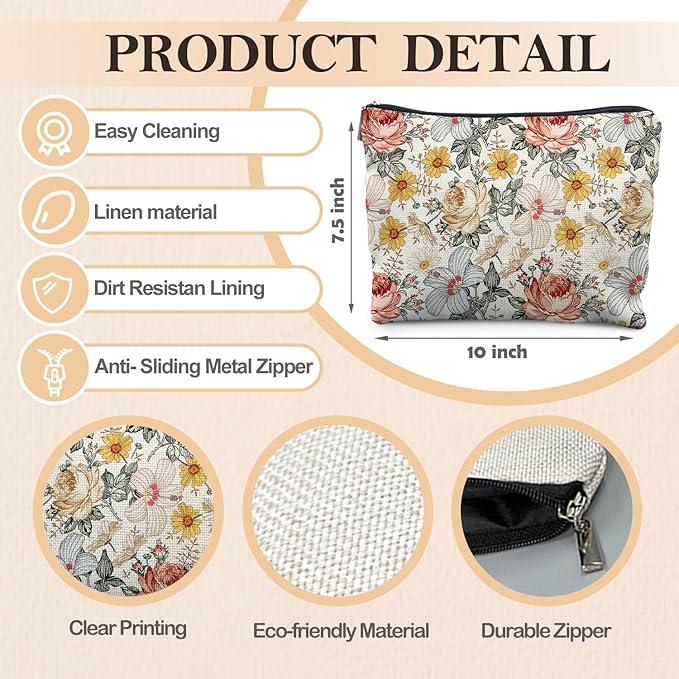 RYYCDOI Floral Makeup Bag, Vintage Floral Pouch for Women, Aesthetic Makeup Bag, Flower Gifts for Women, Gifts for Flower Lovers, Colorful Garden Flowers Makeup Pouch