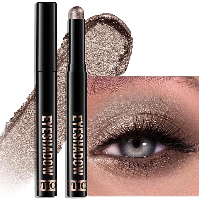 Wugbc Taupe Shimmer Eyeshadow Stick, Waterproof Cream Eye Shadow Pencil Long-Lasting Crease-Proof Glitter Eyeshadow Crayon Smooth High Pigmented Highlighter Blendable Neutral Eye Shadow Liner Makeup