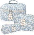 Junesters Initial Makeup Bag Set, Personalized Quilted Makeup Bag, Large Floral Cosmetic Bag for Women, Cute Cotton Custom Make up Bags, Flower Travel Toiletry Bag Teen Girl Gift Blue Flower S