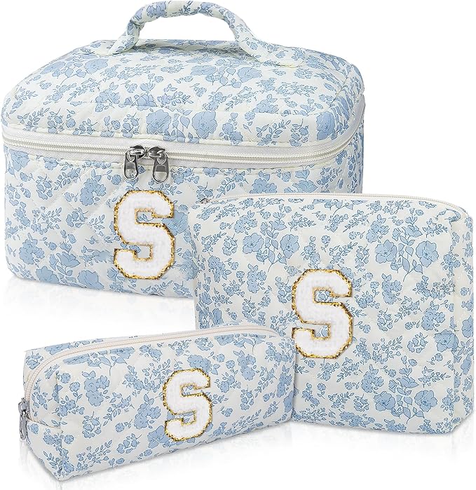 Junesters Initial Makeup Bag Set, Personalized Quilted Makeup Bag, Large Floral Cosmetic Bag for Women, Cute Cotton Custom Make up Bags, Flower Travel Toiletry Bag Teen Girl Gift Blue Flower S
