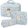 Junesters Initial Makeup Bag Set, Personalized Quilted Makeup Bag, Large Floral Cosmetic Bag for Women, Cute Cotton Custom Make up Bags, Flower Travel Toiletry Bag Teen Girl Gift Blue Flower S