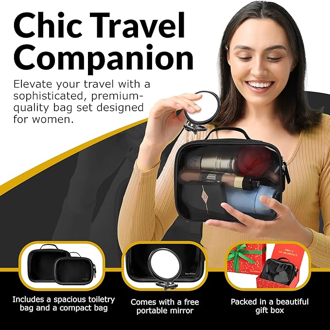 Clear Makeup Bag Set, Travel Cosmetic Bags with Transparent TPU Front, 3PCS (Large & Small Pouches + Compact Mirror), Saffiano PU Leather Toiletry Organizer for Women, Black