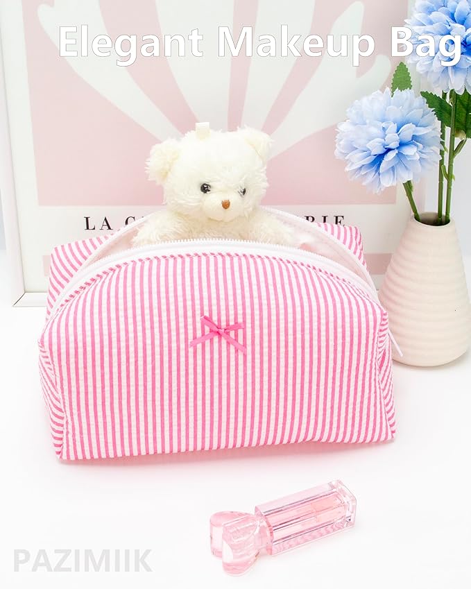 PAZIMIIK Cozy Makeup Bag for Women,Zipper Cosmetic Pouch,Stripe Candy Pink