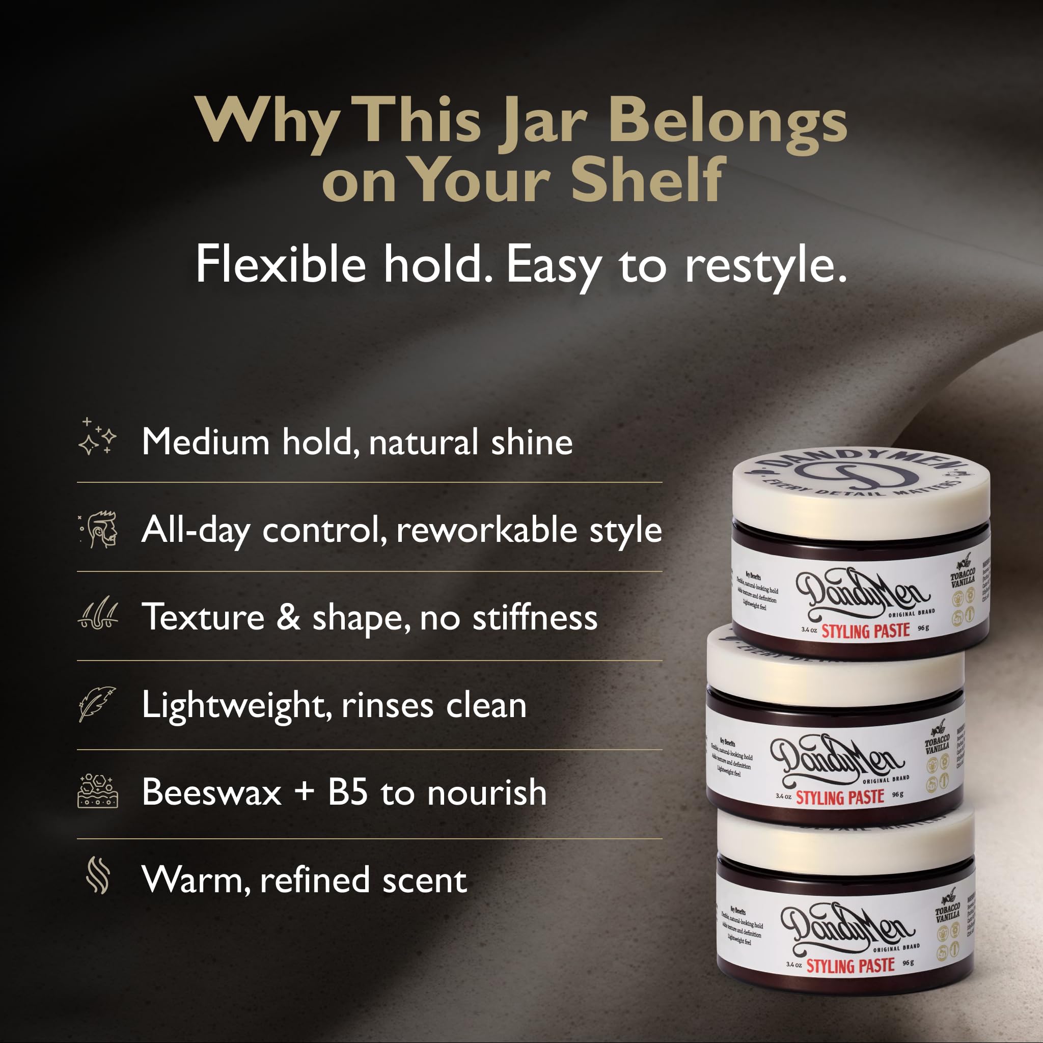 DandyMen Hair Styling Paste for Men | Medium Hold | Flexible Control & Natural Shine | Beeswax with Pro-Vitamin B5 | Tobacco Vanilla Scent | 3.4 oz, 1-Pack