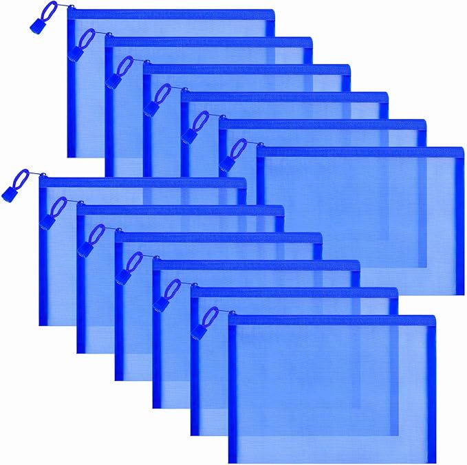 Sinzip 12 Pieces Zipper Nylon Mesh Pouch, Mesh Cosmetic Bags Makeup Bags Pencil Case, Multipurpose Travel Bags for Cosmetic School Office Supplies and Travel Accessories (Blue, A5) (WB06)