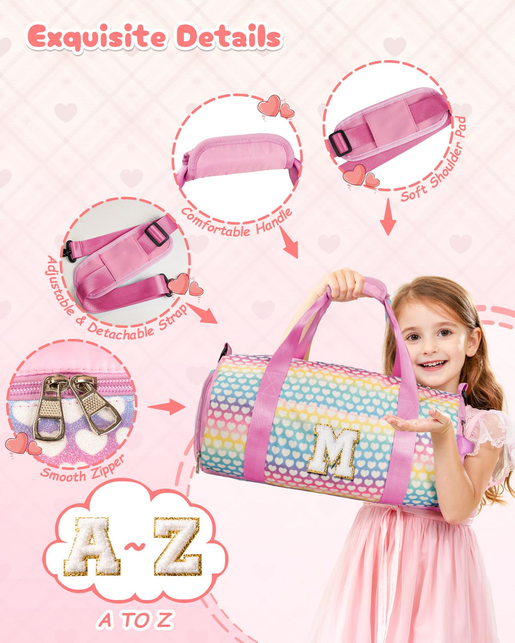 Vogewood Birthday Gift for Girls, Kids Sparkly Glitter Initial Duffle Bag
