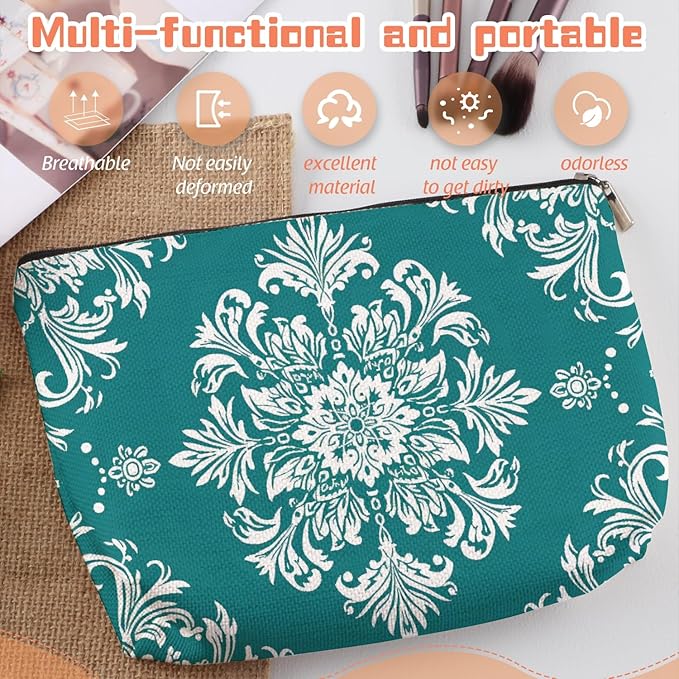 Scribesense Makeup Bag Travel Cosmetic Bags Small Makeup Case Waterproof Zipper Pouch for Women Girls 7X9inches - White Floral Ornamentation in A Circular Layout
