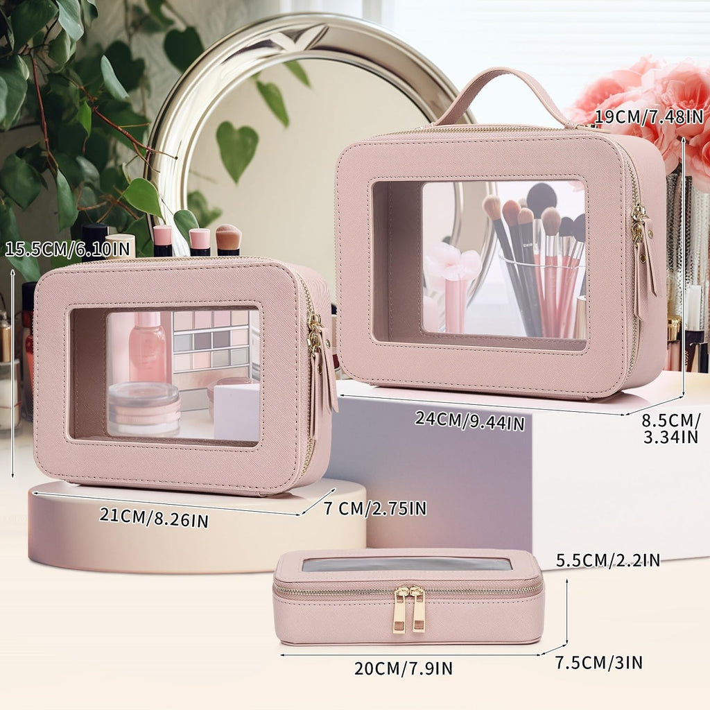 Pinkmik Clear Makeup Bag with Brush Bag 3pcs Waterproof Travel Case for Cosmetics and Toiletries Women's Makeup Organizer with Zipper (Pink, L+M+SLIM)