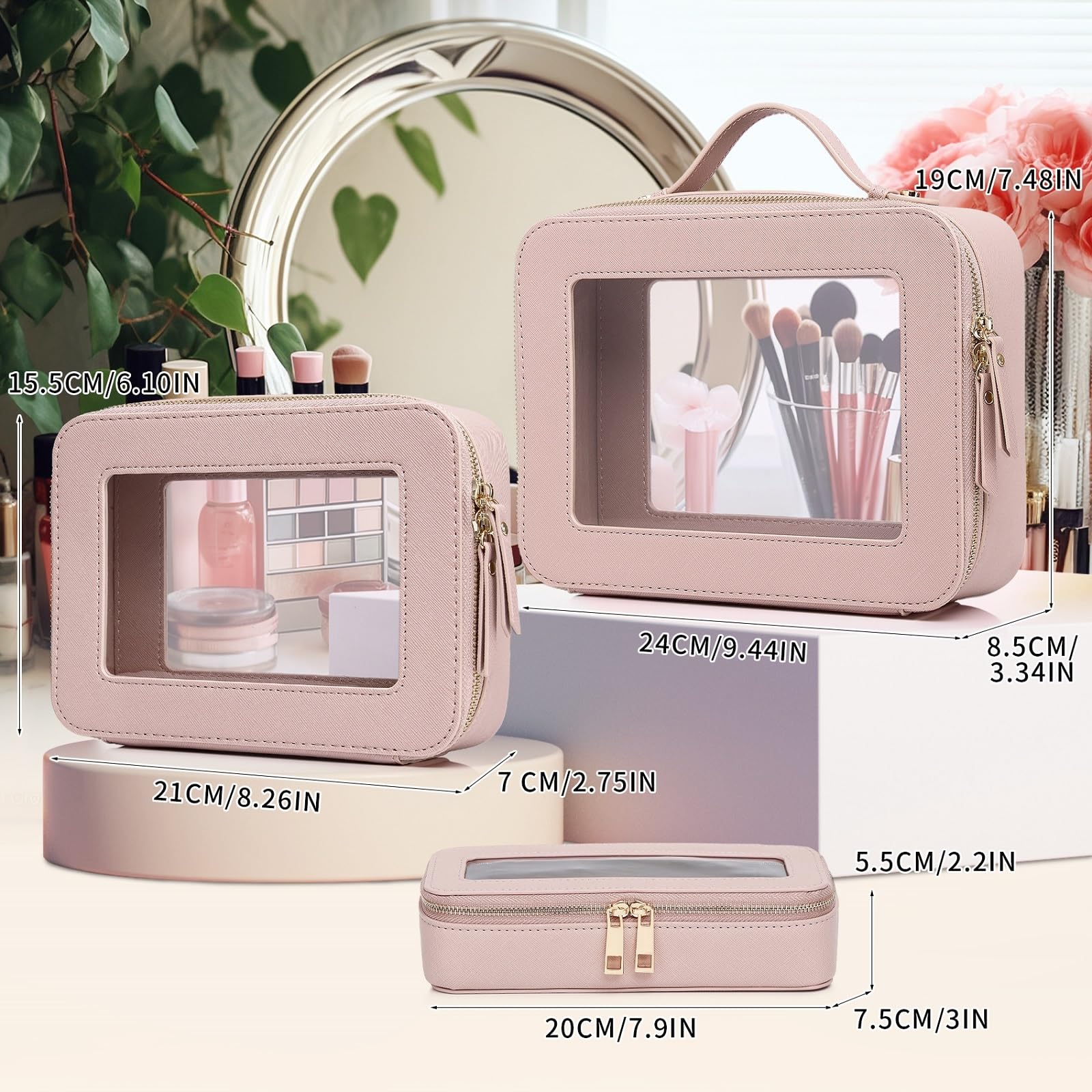 Pinkmik Clear Makeup Bag with Brush Bag 3pcs Waterproof Travel Case for Cosmetics and Toiletries Women's Makeup Organizer with Zipper (Pink, L+M+SLIM)