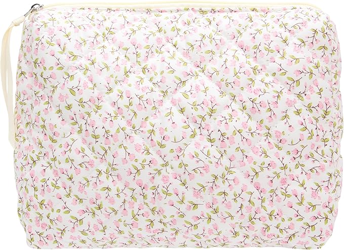 Quilted Makeup Pouch for Women, Travel Cosmetic&Toiletry Bag,Floral Pink