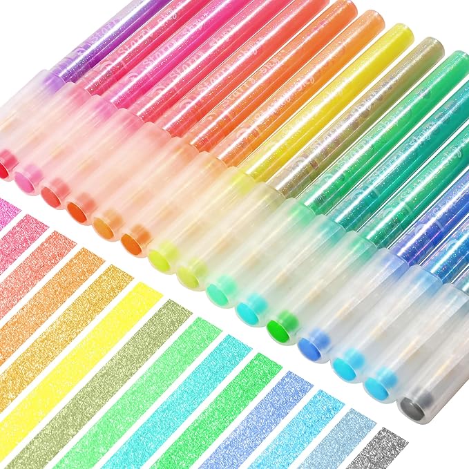 HANKU Glitter Highlighters, 16-Count, Chisel Tip Glitter Highlighters Assorted Colors, Sparkly Pastel Highlighter Markers for Adults Journaling Coloring Drawing Doodling