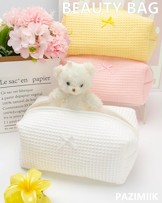 Cozy Makeup Bag for Women,Zipper Cosmetic Pouch,Waffle Cream White,6 Pack