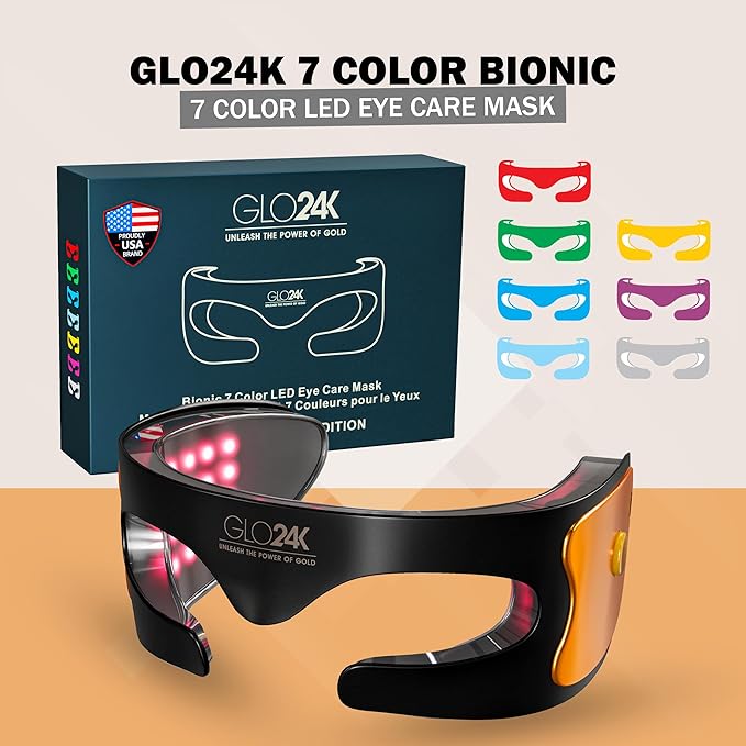 GLO24K LED Eye Mask with 7 Color Modes - Rechargeable Red Light Beauty Mask with 108 LEDs, Lightweight Face Light Mask for Under-Eye Area and Radiant-Looking Skin