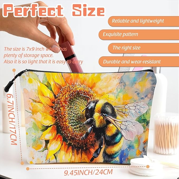 Scribesense Cosmetic Bags Travel Makeup Toilet Case Waterproof Pouch for Women Girls 6.7X9.45inches - Bee on A Sunflower in Watercolor Painting