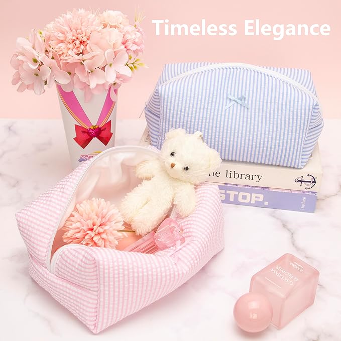 Cozy Makeup Bag for Women,Zipper Cosmetic Pouch,Stripe Ballet Pink,6 Pack