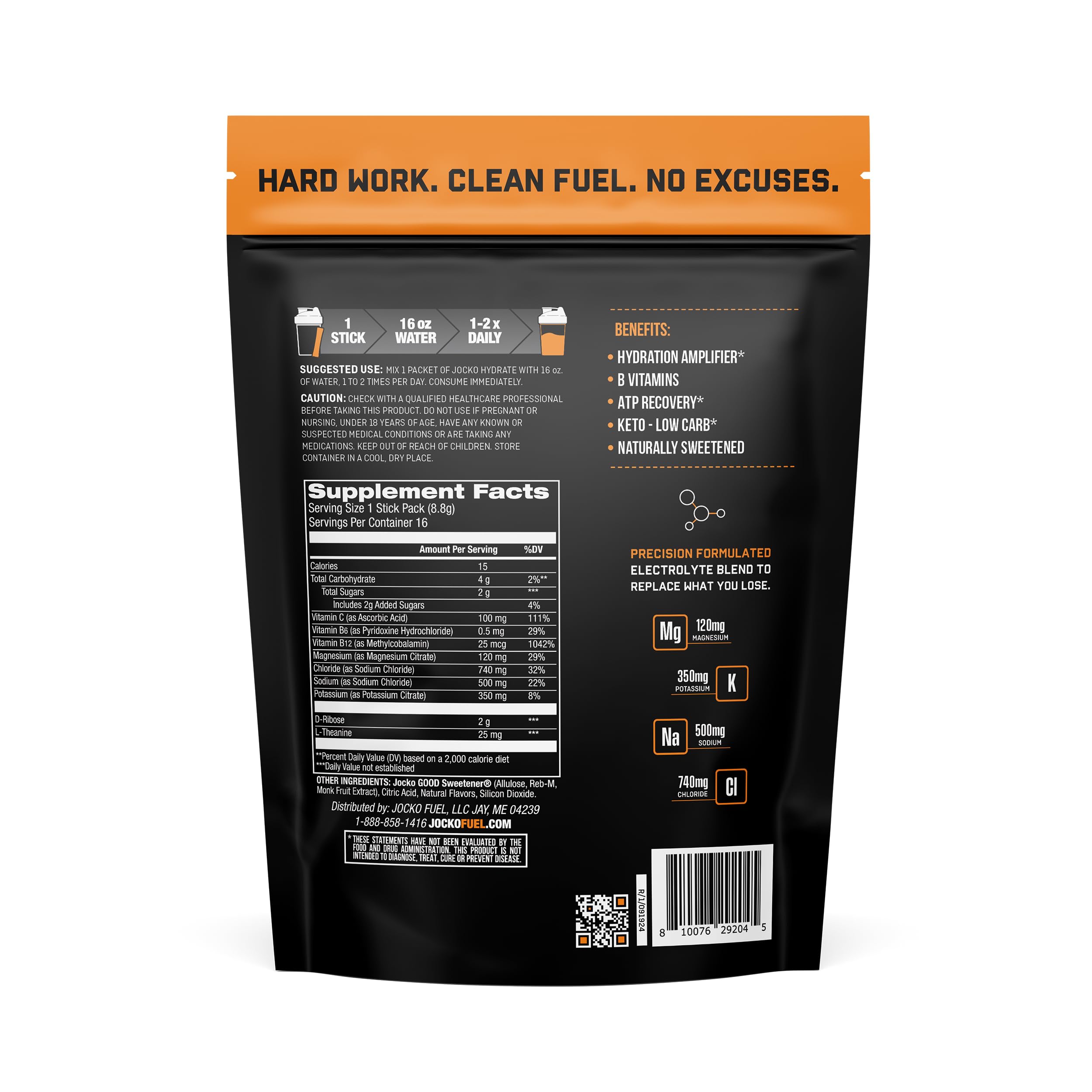 Jocko Fuel Hydrate Electrolytes Powder Packets Low Sugar - Hydration Amplifier Packets for Recovery, Dehydration, & Exercise - with Vitamins B6, B12 & C (16 Packets) Island Orange
