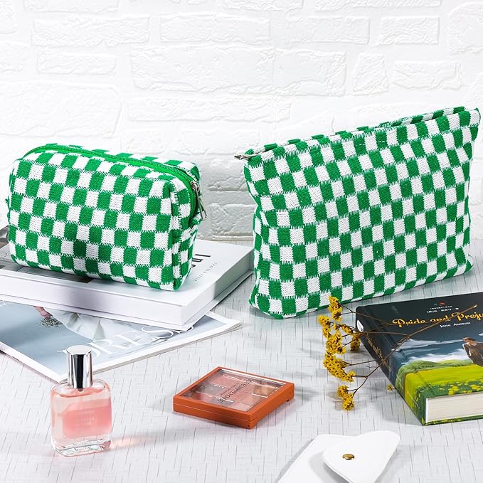 ZLFSRQ 2Pcs Checkered Makeup Bag for Women Large Small Travel Toiletry Bag Organizer Aesthetic Zipper Cosmetic Bags Cute Makeup Pouch for Purse Pencil Case Pencil Pouch Skincare Storage Bags (Green)