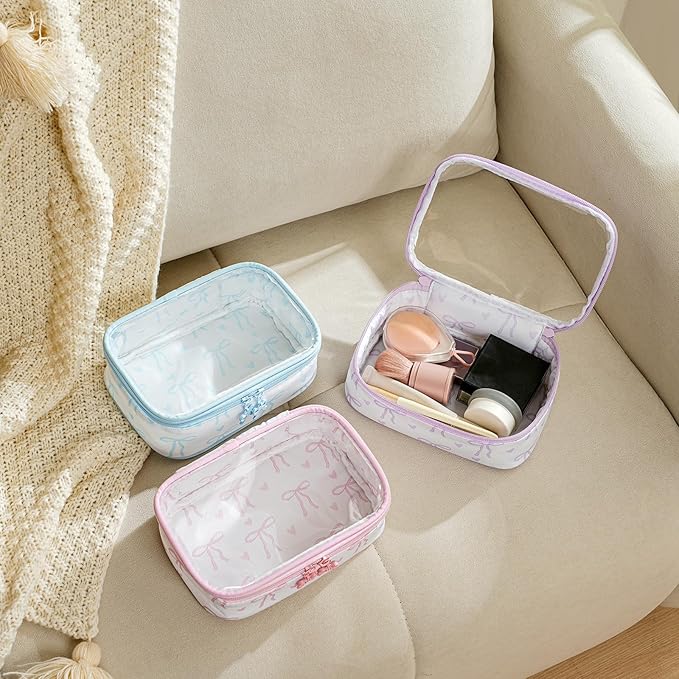 RSRSLEII Cute Clear Makeup Bag with Bow Pattern,Transparent Nylon Travel Cosmetic Case with Zipper,Portable Makeup Organizer Pouch for Essentials(01Pink)