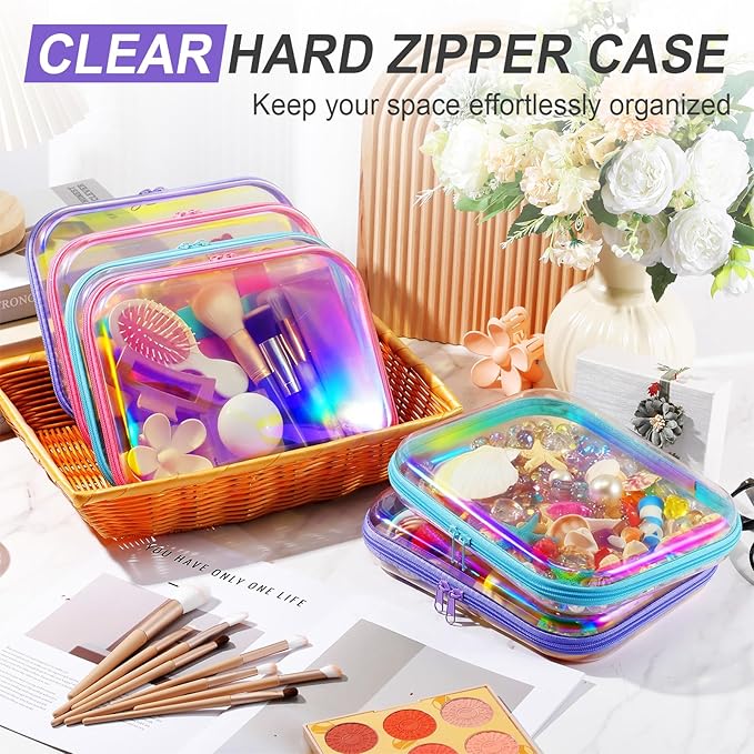 Sanwuta 6 Pcs Clear Hard Zipper Case Plastic Zipper Pouches Transparent Makeup Bag Pencil Case Pouches Toiletry Diaper Bag for Travel Toy Storage Organizer Bins(Holographic,9.84 x 7.87 x 2 Inch)