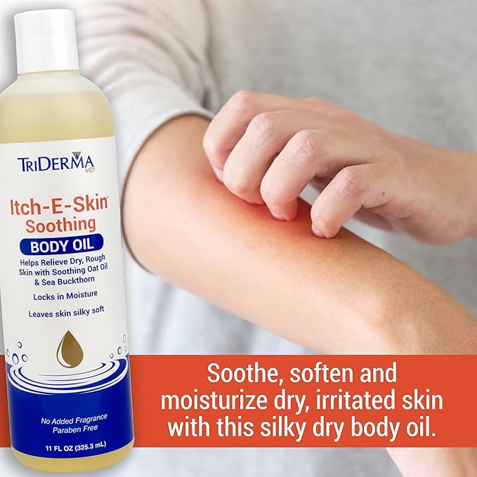 Itch-E-Skin Soothing and Moisturizing Body Oil with Sea Buckthorn and Rose Hip, Helps Relieve Tight, Dry Skin, Non-Greasy, Nourishing and Calming Body Oil, 11 fl oz