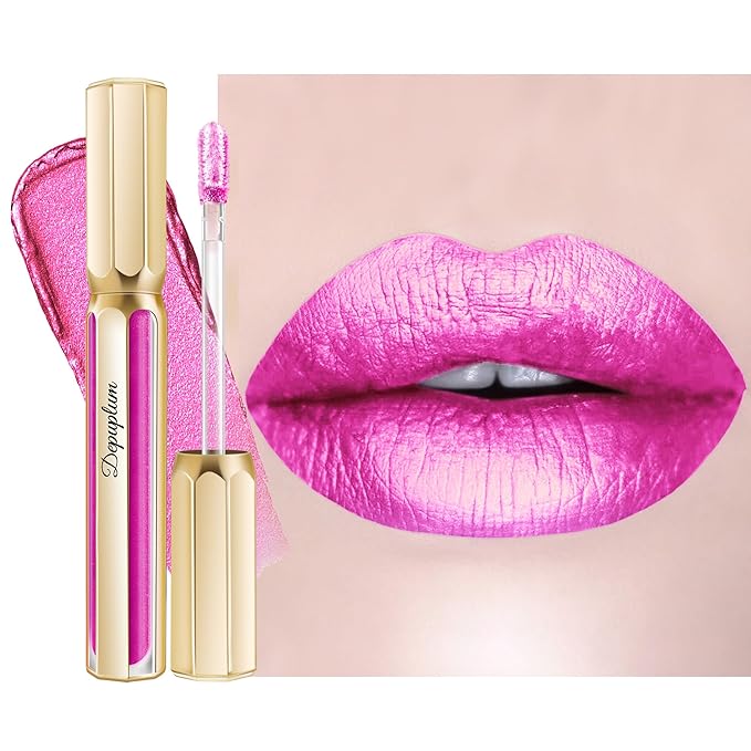 Hot Pink Lipsticks for Women Metallic Glitter Lipstick Long Lasting