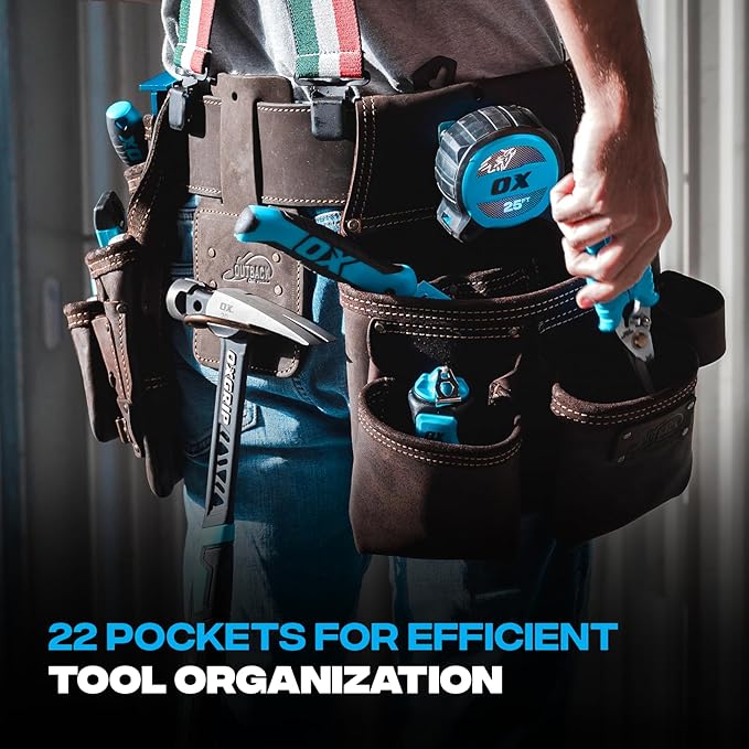 OX Pro Construction Tool Belt with Suspenders - 22-Pocket Leather Tool Belt Pouches - (XL) Made of Oil-Tanned Leather with Double-Stitching Morrales De Construccion